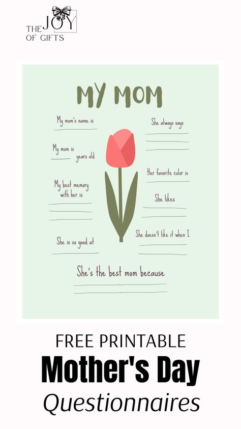 Have some Mother's Day fun with these free printable questionnaires for moms and grandmas from The Joy of Gifts! See 10 beautiful designs to choose from and find the perfect Mothers Day questionnaire printable. These free printable questionnaires for moms and grandmas are a great activity for kids to do at home or in school. Mothers Day Questionnaire Free Printable, Mothers Day Questionnaire, Fun Questions For Kids, Prek Art, Mothers Day Grandma, Questions For Kids, Mother's Day Printables, Fun Questions, Unique Journals