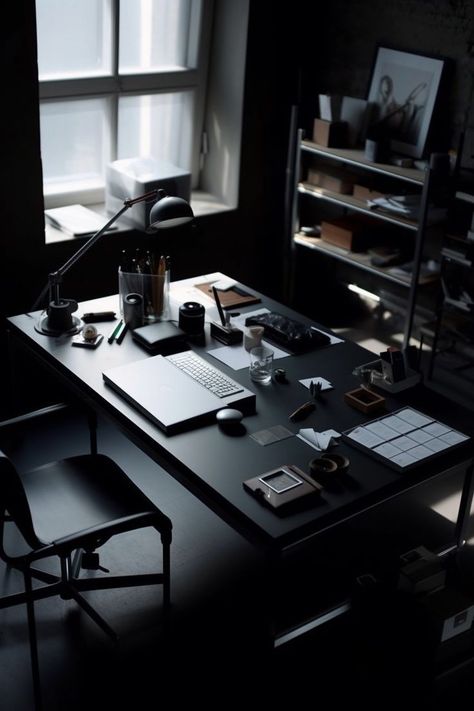 Black Minimalist Desk, Black Desk Setup, Minimalist Desk Setup, Minimalist Setup, Modern Home Aesthetic, Minimalistic Furniture, Home Office Dark, Tattoo Modern, Home Studio Desk