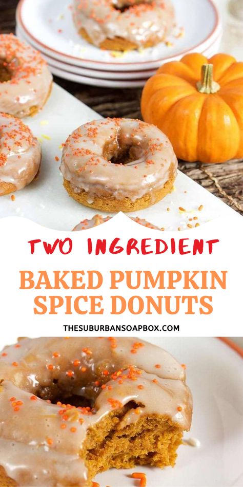 Get your pumpkin spice fix in a soft, tender donut! Two Ingredient Baked Pumpkin Spice Donuts are simple to make with just a box of cake mix and a can of pumpkin. Lightly spiced and dipped in a vanilla glaze, these are your breakfast goals achieved! Pumpkin Spice Cake Donuts Baked, Pumpkin Cake Doughnuts Baked, Bisquick Pumpkin Recipes, Donuts With Cake Mix Boxes, Pancake Mix Donuts Recipes Baked, Pumpkin Donut Cake, Pumpkin Recipe Ideas, Baked Donuts With Donut Pan, Canned Pumpkin Recipes Easy