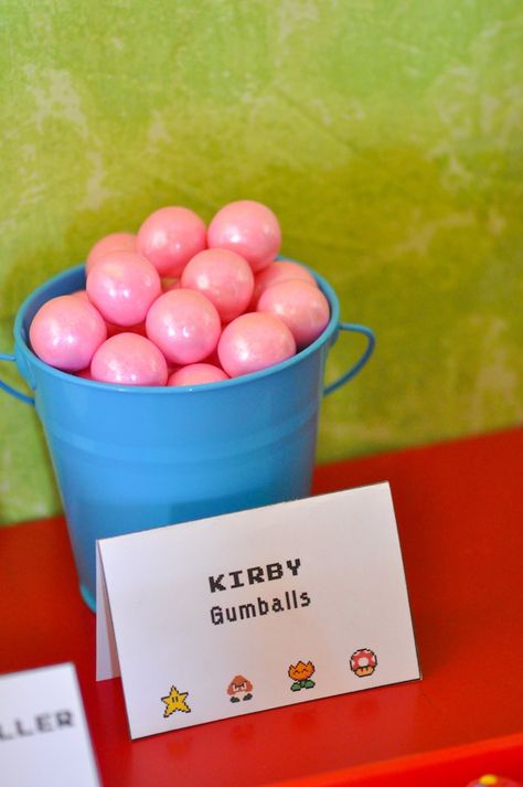 Kirby's Gumballs from a Nintendo Inspired Video Game Birthday Party via Kara's Party Ideas KarasPartyIdeas.com (19) Kirby Birthday Party Games, Kirby Themed Birthday, Kirby Birthday Party Decorations, Kirby Birthday Party Ideas For Boys, Kirby Party Decorations, Kirby Birthday Party Ideas, Kirby Birthday Party, Kirby Cake, Happy Birthday Disney Princess