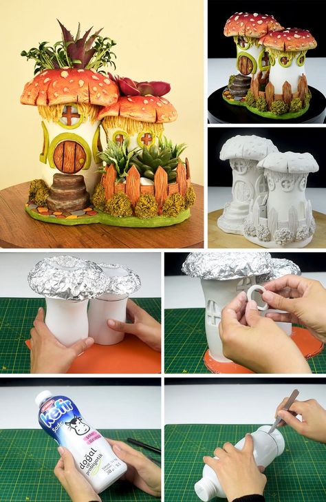 In this video, you will see how to make a miniature Mushroom Fairy House Lamp. It's an awesome recycling craft project You can make at home !! To make this miniature house I use mainly air dry clay, cardboard and plastic bottle. It’s fun to make and you can use it as an awesome decoration. Fairy House Out Of Plastic Bottles, Plastic Bottle Fairy House, Air Dry Clay On Cardboard, Diy Fairy House From Plastic Bottles, How To Make A Fairy House Step By Step, Cardboard Mushroom House, Mushroom House Craft, Making Fairy Houses, Air Dry Clay Bottle Art