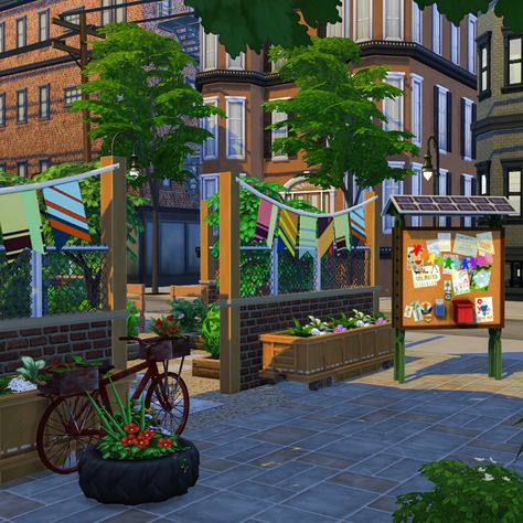 Sims 4 San Myshuno, San Myshuno, Bee Hives, Out Of My Comfort Zone, Recycling Center, Community Garden, Community Space, Summer Plants, Sims 4 Build