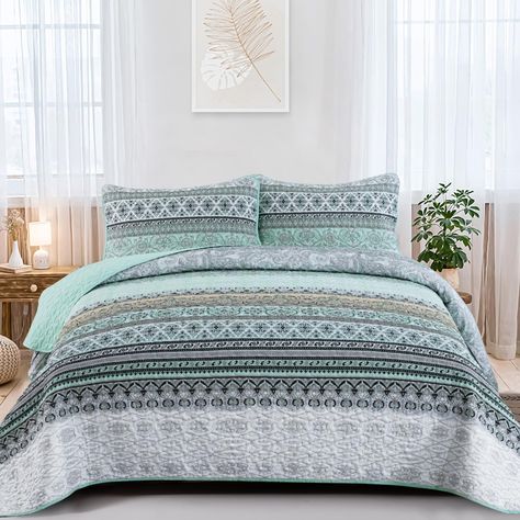 PRICES MAY VARY. Green Bohemian Quilt Bedding: Modern printing techniques and boho striped patchwork quilt set create a retro style, stylish and beauty, perfect fit for women men home decoration. Premium Microfiber: Boho green quilt bedspread set queen made of microfiber, breathable, lightweight and suitable for all seasons, super soft and smooth, help you enjoy a peaceful sleep. 3 Layers Colorful Green Khaki Bedding Set: With special stitched technology to maintain the quilt, you can wash this Queen Size Bedspread, Bohemian Quilt, Bohemian Bedspread, Boho Quilt, Striped Quilt, Queen Size Quilt, King Bedding Sets, Queen Bedding Sets, Bedspread Set