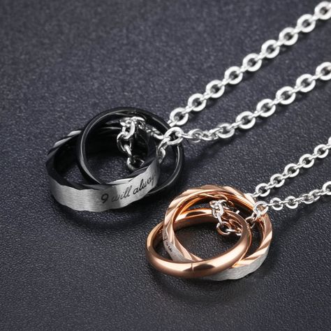 U365 Matching Couples Necklace Titanium Stainless Steel I Will Always be with You Promise Ring Pendant Set for Men Women with Curb Chains Necklace For Couples, Matching Necklaces For Couples, Couples Necklace, Interlocking Ring, Couple Necklace, Lovers Necklace, Necklace Men, Couple Items, Couple Necklaces