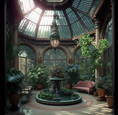 Victorian Conservatory Aesthetic, Home Solarium, Large Conservatory Ideas, Ornate Greenhouse, Solarium Library, Victorian Atrium, Fairytale Greenhouse, Moonlit Conservatory, Witch Greenhouse