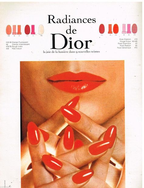 Christian Dior Maquillage Radiances1968 Vintage Nail Ads, 1960 Nails, Cosmetics Ads, Historical Makeup, Vintage Makeup Ads, Vintage Editorials, Beauty Ads, Beauty Advertising, Makeup Ads