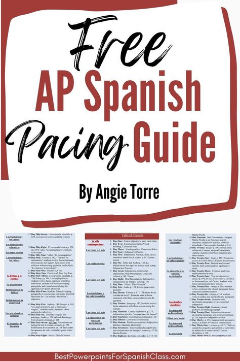 Wondering how to pace your AP Spanish Language and Culture lessons, how long to spend on each theme, how long to spend practicing each section of the exam? These FREE Pacing Guides will help! I used these for both Triángulo aprobado and Vista Higher Learning test-prep booklets with activities in Temas as well with 99% success rate. They include all parts of the test: el ensayo argumentative, etc, and all themes: la vida contemporánea, las familias y las comunidades, etc. Click link to get them. Ap Spanish Language And Culture, Ap Spanish Language, Pacing Guide, Spanish Teaching Resources, Ap Spanish, French Resources, Higher Learning, French Teacher, Teaching High School