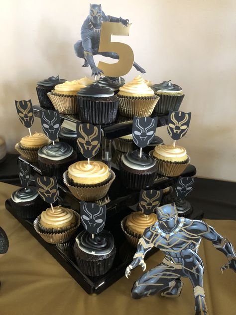 Black Panther Birthday Party Cupcakes Black Panther Birthday Party Food, Black Panther Themed Birthday Party, Wakanda Party Ideas, Wakanda Birthday Party, Black Panther Cupcakes, Black Panther Birthday Party Ideas, Wakanda Party, Panthers Cupcakes, Black Panther Birthday Party