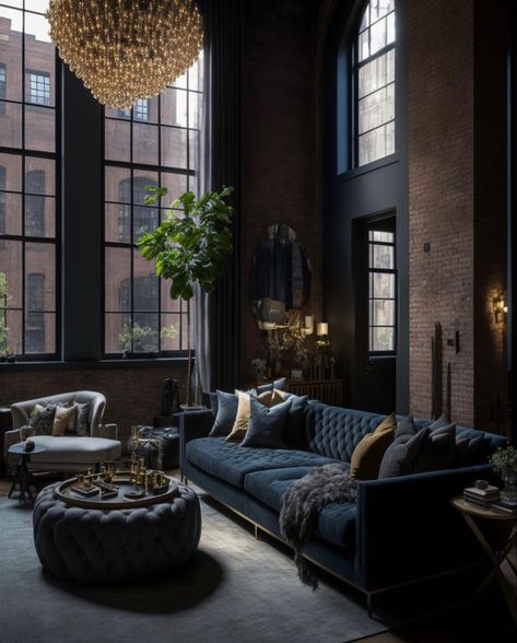 Masculine Living Rooms, Dark Home Decor, Dark Home, Dark Interiors, Loft Design, Home Building Design, Interior Deco, City Living, A Living Room