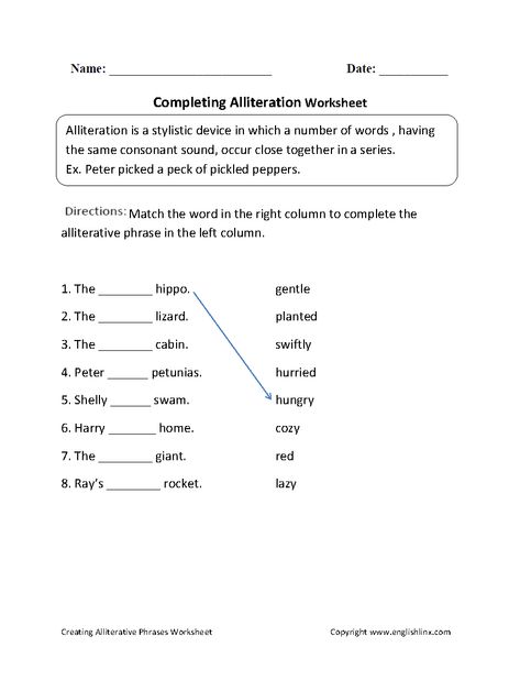 Completing Alliteration Worksheet Alliteration Worksheet, Preschool Christmas Worksheets, Grammar Help, Figurative Language Worksheet, 5th Grade Worksheets, Wristband Template, Geography Worksheets, Worksheets For Grade 3, English Grammar Rules