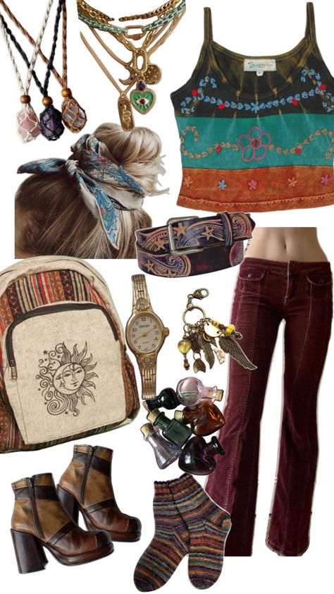 Leather boots, bandanas, colourful knit socks, low waisted bellbottom jeans, constellation belt, Sun and moon backpack, gold watch, Yellow vintage style keychain, bohemian crop top, cross stitch shirt, crystal necklace, stacked jewlery Hippie Collage, Cross Stitch Shirt, Moon Backpack, Outfit Hippie, Stitch Shirt, Sun And Moon, Low Waisted, Bandanas, Gold Watch