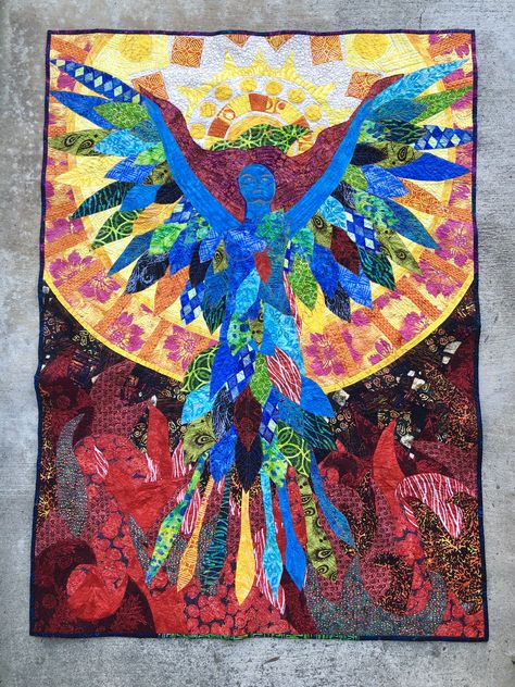 My Phoenix Quilt. Instagram @crystalpiertextilearts Phoenix Quilt, Phoenix Art, Indonesian Batik, Freemotion Quilting, Collage Art Projects, Batik Fabric, Free Motion Quilting, Paper Collage, Art Quilts