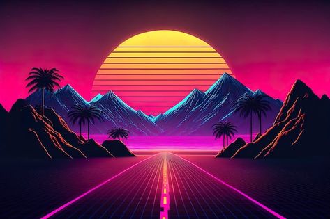 Retrowave synthwave back side view 80s v... | Premium Photo #Freepik #photo #retrowave #synthwave #80s-retro #80s-background Synthwave Wallpaper Desktop, Synth Tattoo, Retrowave Background, Retrowave Wallpaper, 80 Background, Synthwave Background, Aesthetic Pc Wallpaper, Synthwave Sunset, Synthwave Wallpaper