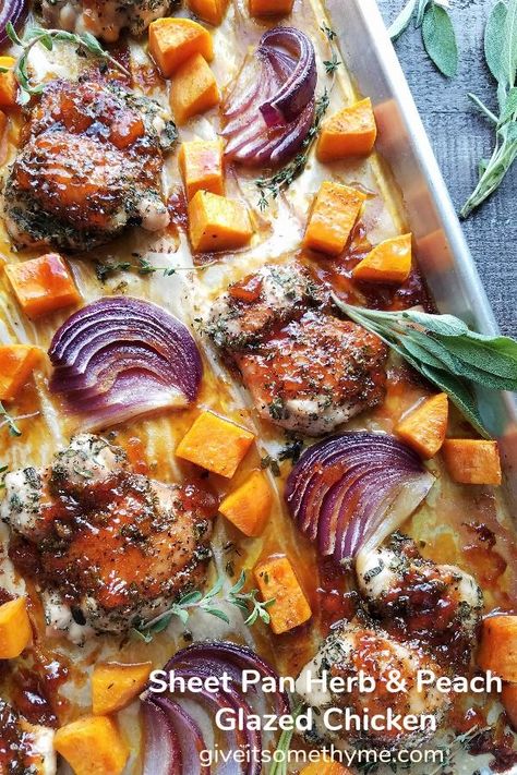 Sheet Pan Herb and Peach Glazed Chicken | Give it Some Thyme - such a delicious blend of fresh herbs and peach jam over tender chicken thighs and vegetables! #sheetpanrecipe #dinnerrecipe #healthyfallrecipes #quickandeasydinner #weeknightdinnerrecipe #sheetpandinner #sheetpanchicken #sheetpanchickendinner #sheetpanchickenandvegetables #sheetpanchickenhealthy #dinner #recipe #peachchicken #peachchickenrecipes Recipes With Peaches, Fresh Peach Recipes, Peach Chicken, Venison Burgers, Easy Sheet Pan Dinners, Fall Recipes Healthy, Peach Salad, Peach Jam, Dinner Chicken