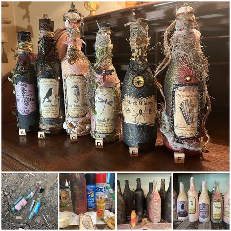 Making Potion Bottles, Spooky Potion Bottles, How To Decorate Bottles Ideas, Apothecary Kitchen Decor, Unique Halloween Decor, Potion Bottle Ideas, Witchy Decor Aesthetic, How To Make Potion Bottles Diy, Decorate Bottles Ideas