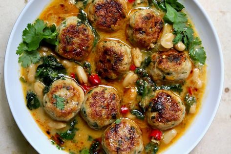 New York Times Cooking Recipes, Ali Slagle Recipes, Thai Chicken Meatball Soup, Thai Inspired Chicken Meatball Soup, Thai Meatball Soup, Ali Slagle, New York Times Recipes, Soup With Cannellini Beans, Thai Chicken Meatballs