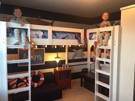 I build this Double Monkey Loft Bed with bookcase towers.   loftmonkeycleveland @ gmail.com facebook.com/loftmonkey Double Loft Bed, Boys Loft Beds, Loft Bed Ideas For Small Rooms, Loft Beds For Kids, Baseball Themed Bedroom, Double Loft Beds, Bunk Bed Ideas, Girls Loft Bed, Loft Beds For Small Rooms