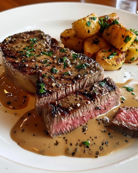 CLASSIC STEAK DIANE 🥩 Ingredients: 4 beef tenderloin steaks (about 6 oz each) 2 tbsp unsalted butter 2 tbsp olive oil 1 small shallot, finely chopped 2 cloves garlic, minced 1/2 cup beef broth 1/4 cup brandy or cognac 1/4 cup heavy cream 2 tsp Dijon mustard 2 tsp Worcestershire sauce 1 tbsp fresh parsley, chopped Salt and black pepper to taste Directions: Step 1: Prepare the Steaks Season the beef tenderloin steaks generously with salt and black pepper on both sides... Beef Tenderloin Steaks, Best Steak Seasoning, Panda Food, Steak Diane, Food Steak, Tenderloin Steak, Black Food, Beef Tenderloin, Beef Steak