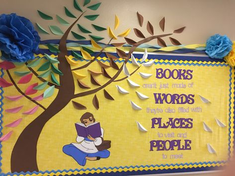 Disney Themed Library, Disney Library Bulletin Boards, Reading Rainbow Bulletin Board, Beauty And The Beast Bulletin Board, Beauty And The Beast Classroom, Disney Themed Bulletin Boards, Elementary Library Decorations, Disney Bulletin Boards, School Library Book Displays