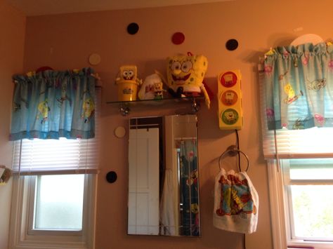 Spongebob themed bathroom Spongebob Wall Decor, Spongebob Dorm Theme, Spongebob Themed Bathroom, Spongebob Bathroom, Spongebob Shower Curtain, Anchor Bathroom Decor, Modern Bathroom Wall Decor, Spongebob Bedding Set, Spongebob House