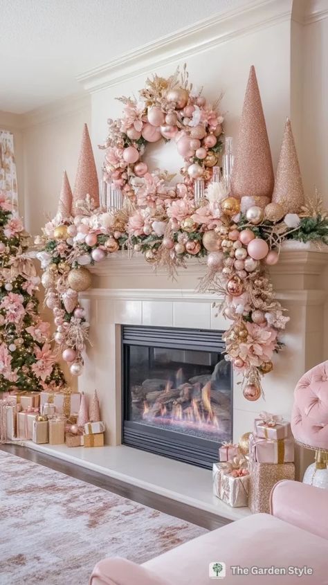 Pink Christmas Bedroom, Holiday Mantel Decor, Christmas Fireplace Mantels, Pink Christmas Decor Ideas, Mantel Decor Ideas, Christmas Mantel Decor, Pink Christmas Decor, Glamorous Christmas, Holiday Mantel