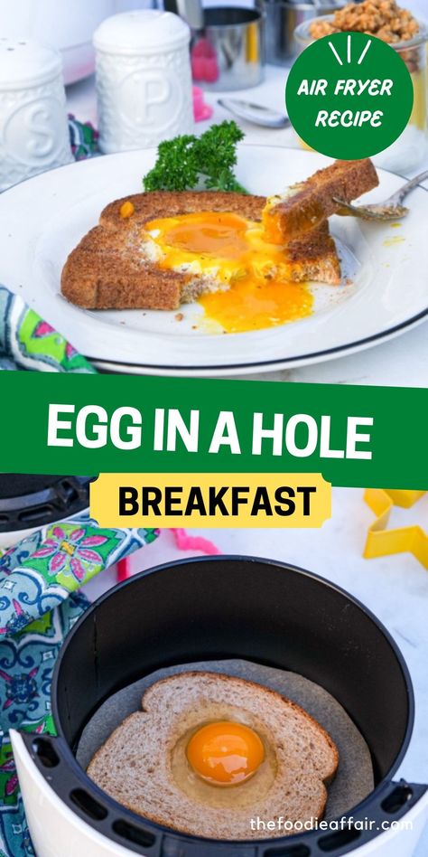 Toast with egg cooked in the center and egg toast in an air fryer ready to cook. Egg Toast Air Fryer, Eggs Air Fryer, Eggs In Air Fryer, Air Fryer Recipes Eggs, Egg In A Hole, Air Fryer Recipes Vegetarian, Scrambled Eggs Recipe, Brunch Inspiration, Air Fryer Healthy