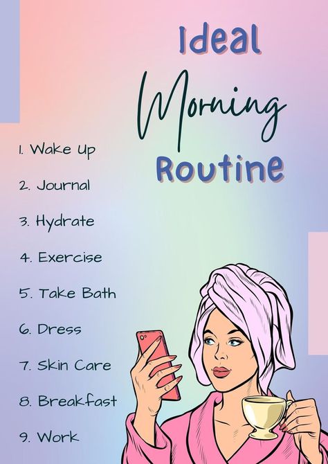 poster, flyer, brochure Glow Up Morning Routine, Skincare Breakfast, Ideal Morning Routine, Simple Woman, Bath Dress, Morning Morning, Confidence Boost, Poster Template, Morning Routine