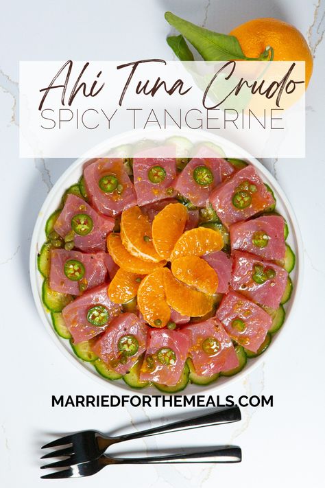 This bright peppery tuna crudo is super quick and easy. Serve it for as an appetizer or devour the entire thing yourself. Tuna Crudo Recipe, Raw Tuna Recipes, Ahi Tuna Recipes, Tuna Carpaccio Recipe, Raw Tuna Recipe, Spicy Ahi Tuna, Crudo Recipe, Tuna Crudo, Sushi Bites