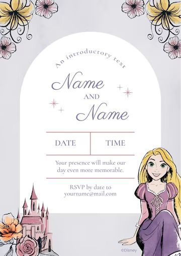 Rapunzel Wedding Invitation | Premium Disney template Rapunzel Invitation Template, Rapunzel Wedding Invitations, Rapunzel Invitations, Minnie Mouse Valentines, Rapunzel Wedding, Disney Images, Free Business Card Mockup, Business Card Maker, Poster Invitation