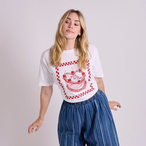 New Club Tee incoming... and she's a sweet one, plus she comes in twinning. Here's to having a bit of fun with our club! Arriving on Sunday night. Cake Tshirt, Cake Graphic, Women Encouragement, Strong Girls, Knitwear Dress, Girls Club, Denim Trousers, Sustainable Fabrics, The Club