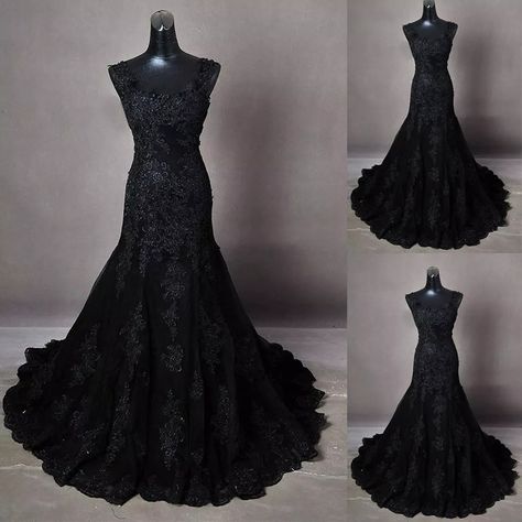 Gothic Mermaid Wedding Dresses Blace Lace Appliques Strapless Plus Bridal Gowns | eBay Gothic Bridesmaid Dresses, Black Wedding Dresses Lace, Black Goth Wedding, Gothic Bridesmaids, Gothic Wedding Dresses, Gothic Mermaid, Goth Wedding Dresses, Dark Romantic Wedding, Black Lace Wedding Dress