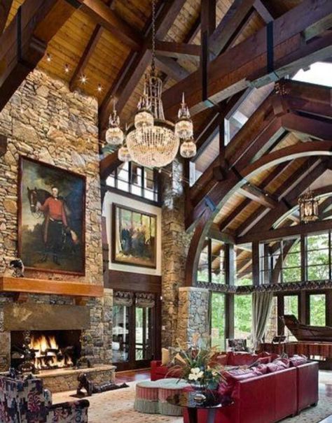 Gorgeous Rustic Home Design, Cabin Living, Timber Frame Homes, Log Cabin Homes, Post And Beam, High Ceilings, Rustic Living, The Ceiling, Home Design Decor