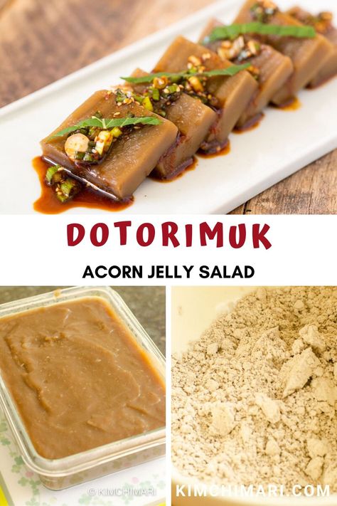 Korean acorn jelly side dish (dotorimuk) recipe that shows you how to make the acorn jelly itself from the powder! I also have 2 different sauces for you to try. One spicy, sweet and tangy, the other savory and mild. #koreanfood #asianfood #fallrecipes #healthyrecipes #kimchimari Acorn Jelly Korean, Acorn Recipes, Acorn Jelly, Korean Appetizers, Jelly Salad, Easy Korean Recipes, South Korean Food, Bbq Side Dishes, Korean Side Dishes