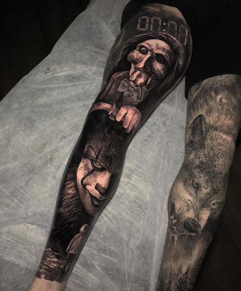 Horror Movie Half Sleeve Tattoo, Michael Myers Sleeve Tattoo, Scary Movie Leg Sleeve, Horror Movie Leg Tattoos, Jigsaw Tattoo, Horror Movie Forearm Tattoo, Dracula Tattoo, Photo Realism Tattoo, Horror Fanart