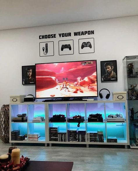 Led Game Room, Playstation Room, Design Tv Stand, Tv Bedroom, Tv Case, Games Room Inspiration, Boys Game Room, Gamer Bedroom, Small Game Rooms