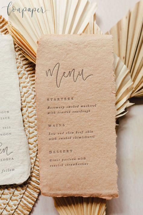 Handmade Menu Card Ideas, Boho Menu Design, Rehersal Dinner Menu, Pastel Wedding Stationery, Calligraphy Wedding Stationery, Rustic Wedding Menu, Neutral Wedding Decor, Wedding Menus Design, Paper Wedding Invitations