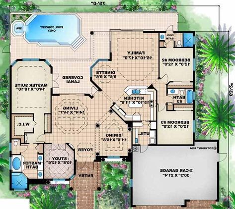 Main Floor Plan: 55-104 Townhouse Plans, Florida House Plans, Mediterranean House Plan, Mediterranean Style House Plans, Mediterranean House Plans, Split Bedroom, House Plans One Story, Bedroom Floor Plans, Luxury House Plans