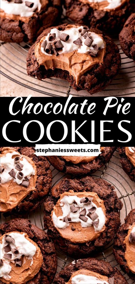 These French silk pie cookies are loaded with a chocolate pudding mousse and topped with whipped cream and chocolate curls. The cookies are chewy chocolate Oreo cookies served cold. Chocolate Pie Cookies, French Silk Pie Cookies, French Silk Pie Cookie, Chocolate Pudding Mousse, Chocolate Oreo Cookies, Pudding Mousse, Chocolate Pie With Pudding, French Silk Pie, Silk Pie