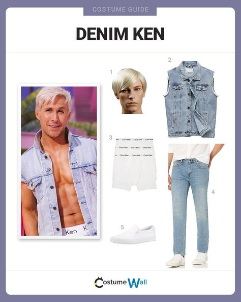 Denim Ken Costume Ken Costume, Easy Diy Costume, Blonde Hair Wig, Men Calvin Klein, Got Costumes, Double Denim Looks, The Barbie Movie, Costume Guide, Hair Color Spray