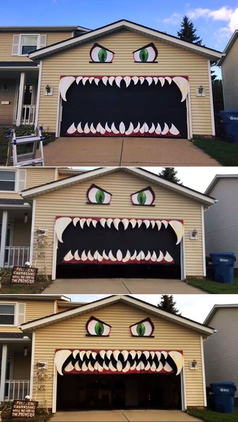 Best Diy Halloween Decorations Outside, Halloween Monster Garage Door, Monster House Decoration Halloween, Monster Garage Door, Halloween Monster House Decorations, Monster Bushes Halloween, Monster House Decor, Spooky Garage Halloween, Halloween Yard Ideas Diy