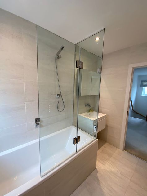 Shower With Three Glass Walls, Small Bathroom Ideas With Separate Shower And Bath, Big Tiles Bathroom, Bath Screen, Shower Over Bath, Shower Screens, Bath Shower Screens, Mens Bedroom, Tiny Bathrooms