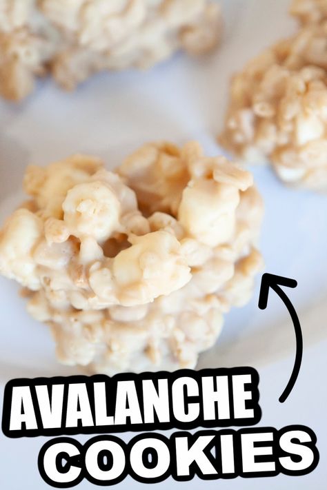 Avalanche cookies are a 4 ingredient no bake cookie. Rice Krispies with mini marshmallows, and more. Rocky mountain cookies recipe that takes 5 minutes to mix up. Great for a potluck cookie, holiday no bake dessert, and more. #dessert #nobake #ricekrispies #easy #nobakecookie #whitechocolate #peanutbutter #ricekrispies Desserts Made With Mini Marshmallows, Haystack Cookies With Marshmallows, Rice Krispie Haystacks, No Bake Cookies Rice Krispies, No Bake Cookies With Rice Krispies, No Bake Cookies With Marshmallows, No Bake Rice Krispie Cookies, Avalanche Cookies No Bake, Haystacks Recipe With Marshmallows