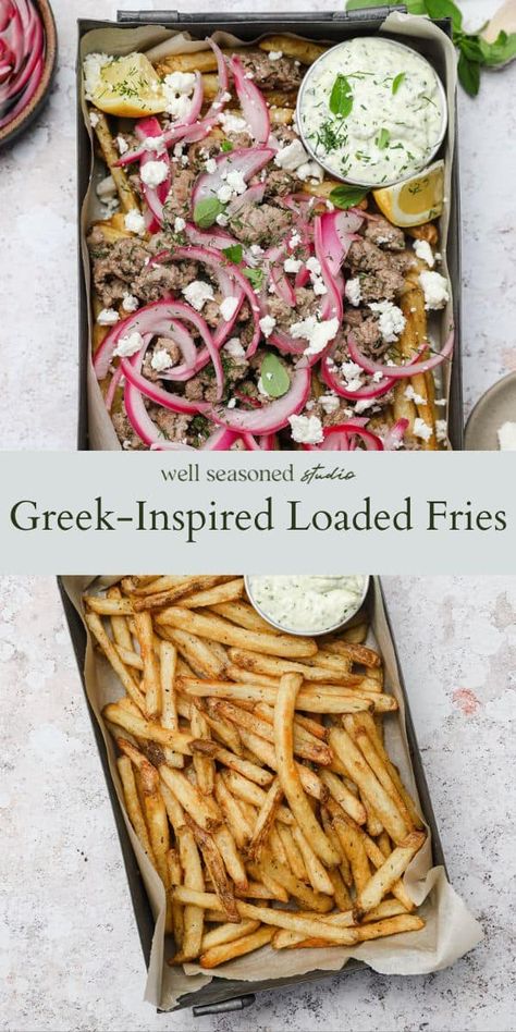 These loaded Greek fries are topped with lamb, pickled red onions, and feta cheese. You'll love them dipped in whipped feta or tzatziki! Serve with lemon wedges and fresh dill for a fun, flavorful side dish! GF #wellseasonedstudio #greekfries #frenchfries #loadedfries #groundlamb #americanlamb #feta #fetacheese #tzatziki Greek Fries Recipe, Greek Fries, Loaded Fries, Foodie Art, Whipped Feta, Fries Recipe, Ground Lamb, Amazing Appetizers, Summer Eating