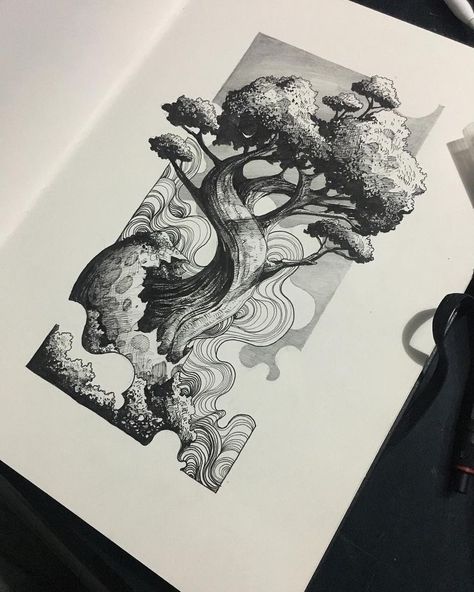 Pen Art Drawings, Desenho Tattoo, 3d Drawings, Arte Sketchbook, Pencil Art Drawings, Tree Drawing, Art And Illustration, Ink Illustrations, Book Art Drawings