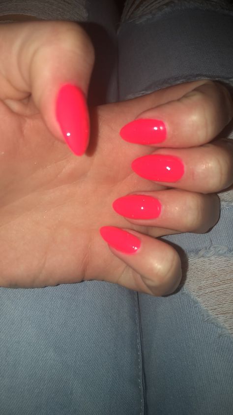 Bright Almond Acrylic Nails, Pink Neon Acrylic Nails, Neon Nails Acrylic Almond, Bright Oval Nails, Hot Pink Nails Aesthetic, Almond Neon Nails, Neon Pink Almond Nails, Bright Pink Almond Nails, Bright Pink Acrylic Nails