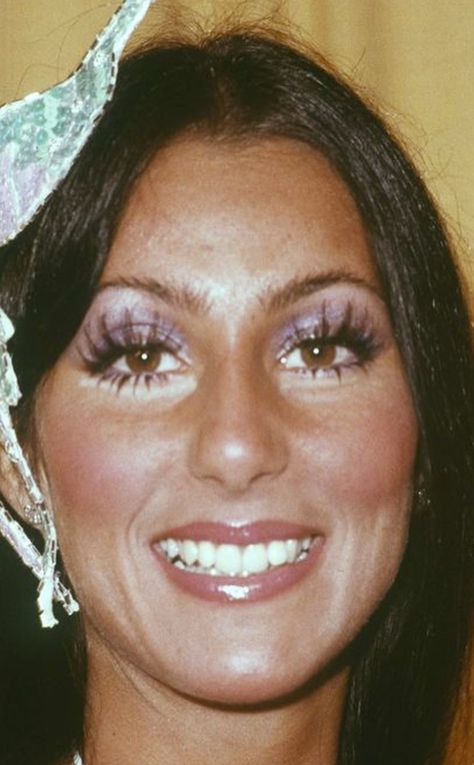 1970 Eye Makeup, 70s Eyelashes, Cher 1970s Makeup, Real 70s Makeup, 70s Lashes, Gold 70s Makeup, 1978 Makeup, Cher Makeup 70s, Cher 70s Makeup