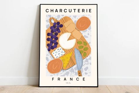 karliinaanna - Etsy Meat And Cheese Platter, Cheese Platter, Meat And Cheese, French Food, Food Poster, Kitchen Wall Decor, Food Illustrations, Charcuterie Board, Tolkien