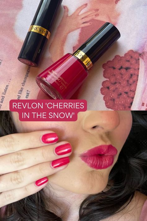 cherries in the snow lipstick Revlon Lipstick Swatches, Revlon Cherries In The Snow, Revlon Lipstick Shades, Charlotte Tilbury Pillow Talk Lipstick, Cherries In The Snow, Vintage Makeup Ads, Lipstick Nail, Pillow Talk Lipstick, Snow Nails