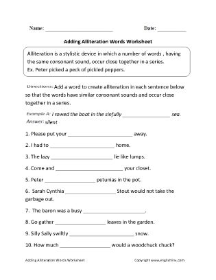 Alliteration Worksheet, Alliteration Examples, Math Worksheets For Grade 1, Compound Words Worksheets, Poetry Worksheets, Worksheets For Grade 1, Figurative Language Worksheet, Helping Verbs, Language Worksheets