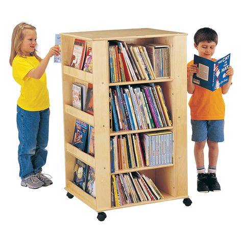 Upgrade your classroom library with the help of this Jonti-Craft Baltic Birch 0539JC 24" x 27" x 46 1/2" children's wood literacy media tower with 8 fixed display shelves and 6 adjustable book shelves. This media tower features (4) 2 1/2" deep display shelves on two sides, and (4) 18" high by 11" deep storage shelves on the remaining two sides. The display shelves are fixed into position, while the six book shelves are adjustable. The tower sits on 4 dual-wheel casters for ease of mobility any t Organizing Kids Books, Book Carts, Media Tower, Book Tower, Preschool Furniture, Mobile Library, Book Cart, Library Furniture, Classroom Storage